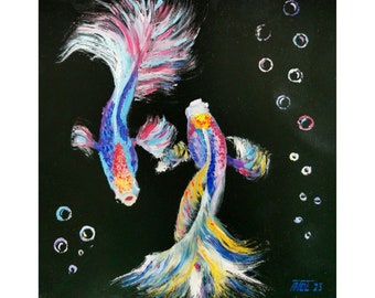 Betta Fish Painting Underwater Original Art Fish Black Background Wall Art aquarium Impasto oil painting Nautical Artwork 10-10"