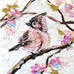 Pink Bird Painting Original Art Hand Painted Floral Wall Art American Bird Impasto Oil Painting Sakura Flowers Textured Artwork 6-6&quot;