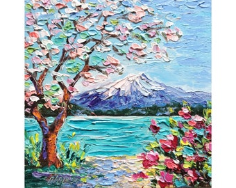 Dipinto ad olio del monte Fuji: Sakura Tree Impasto Art, impressionista