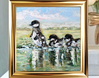 Ducklings Oil Painting: Louisiana Swamp Landscape, Gold Frame