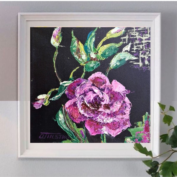 Purple Rose painting on canvas Original Art Flowers on Black Background Wall Art rose impasto oil painting Abstract Small Artwork 8-8''