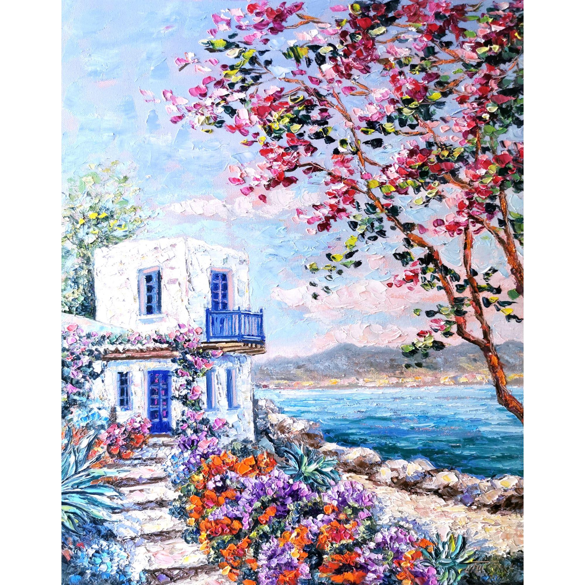 House seashore Original Painting on canvas Santorini: Seascape Garden Flowers Impasto Oil Artwork 20x16"