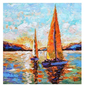 Sailboat Painting Gold framed Yacht Original Art Florida Beach Seascape Art Sunset Impasto Oil Painting 10x10&quot; by Tolstykh