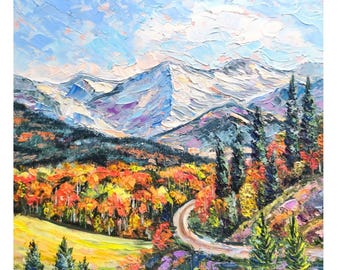 Sierra Nevada Autumn Landscape Oil Painting, Impasto Spruce Tree Art 10x10