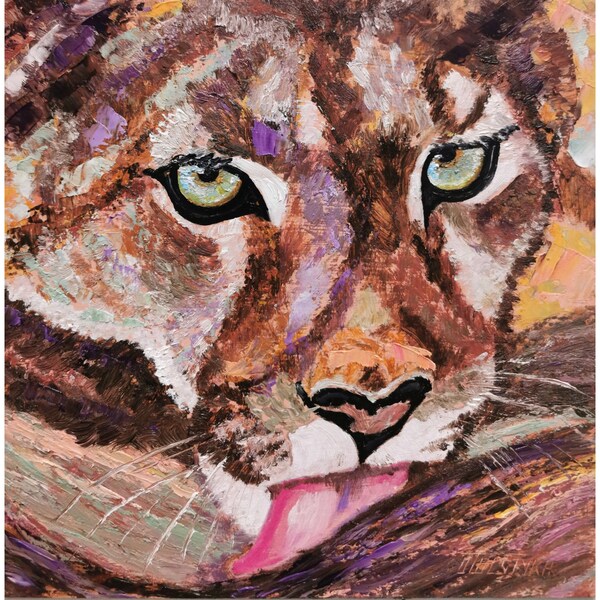 Cougar Painting Original Art Animal Wall Art Leopard Impasto oil painting Predator Textured Art Palette knife Florida Cougar Artwork 10-10"