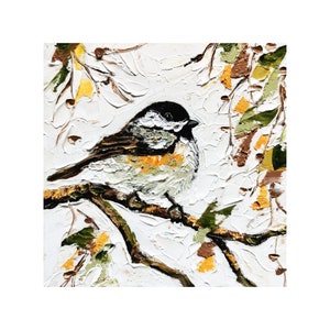 Chickadee Impasto-olieverfschilderij: vogelkunst met zwarte dop (6 x 6")