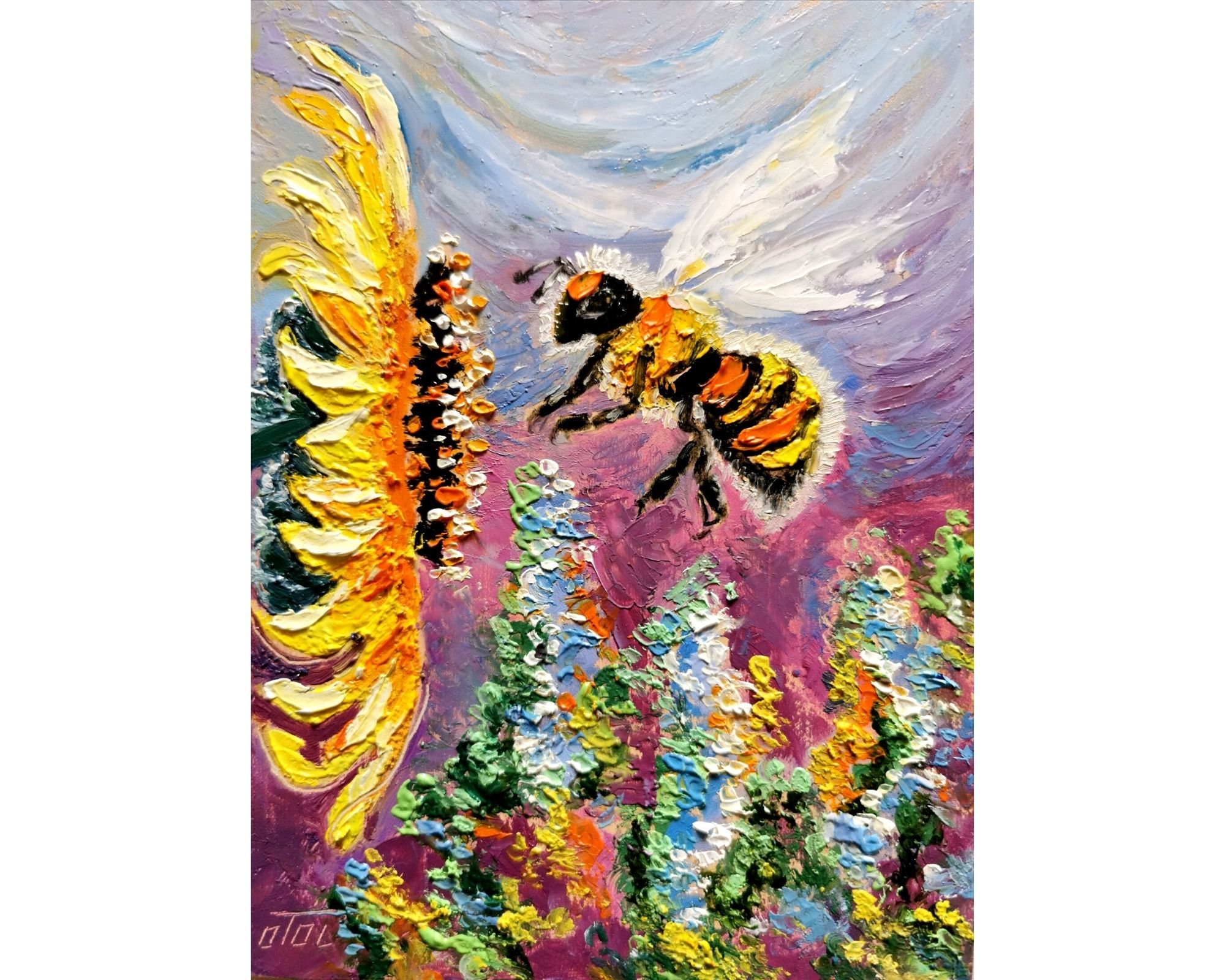 Honey Bee Original Art Insect Flower Wall Art Bee Oil Painting on Canvas Original Abstract Art