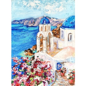 Santorini schilderij Oia, Griekenland originele kunst bougainvillea kunst aan de muur kleine Impasto olieverfschilderij landschap