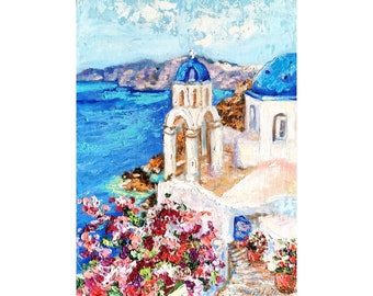 Santorini Oil Painting: Oia Greece, Bougainvillea Impasto Art