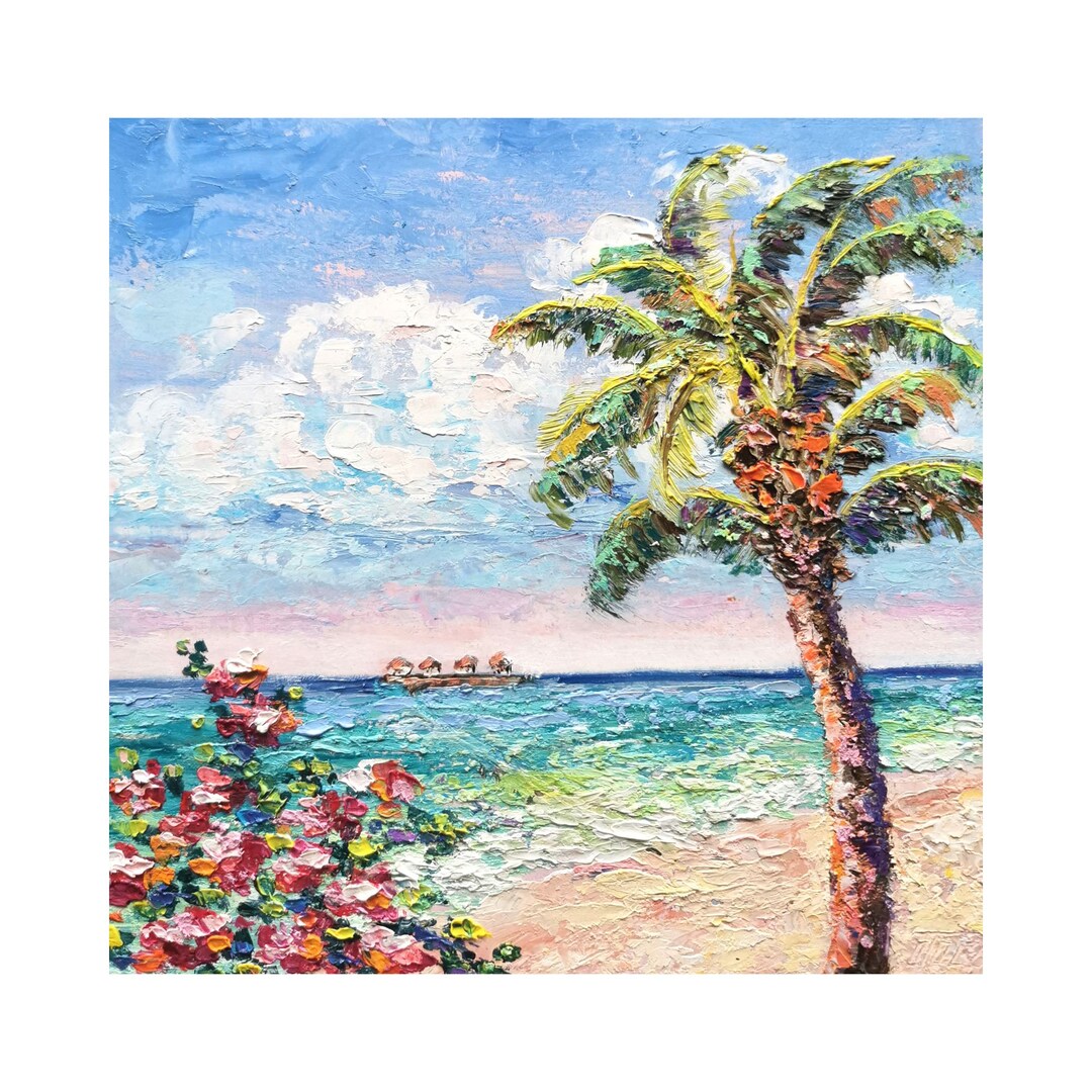 Palm Beach Painting Flowers Original Art Beach Maldives Wall Art ...