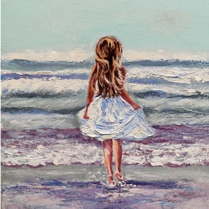 Pintura de playa para niña, lienzo, arte original, arte de pared oceánico, playa de Hawái, pintura al óleo empastada, paisaje marino, obra de arte, olas para niños