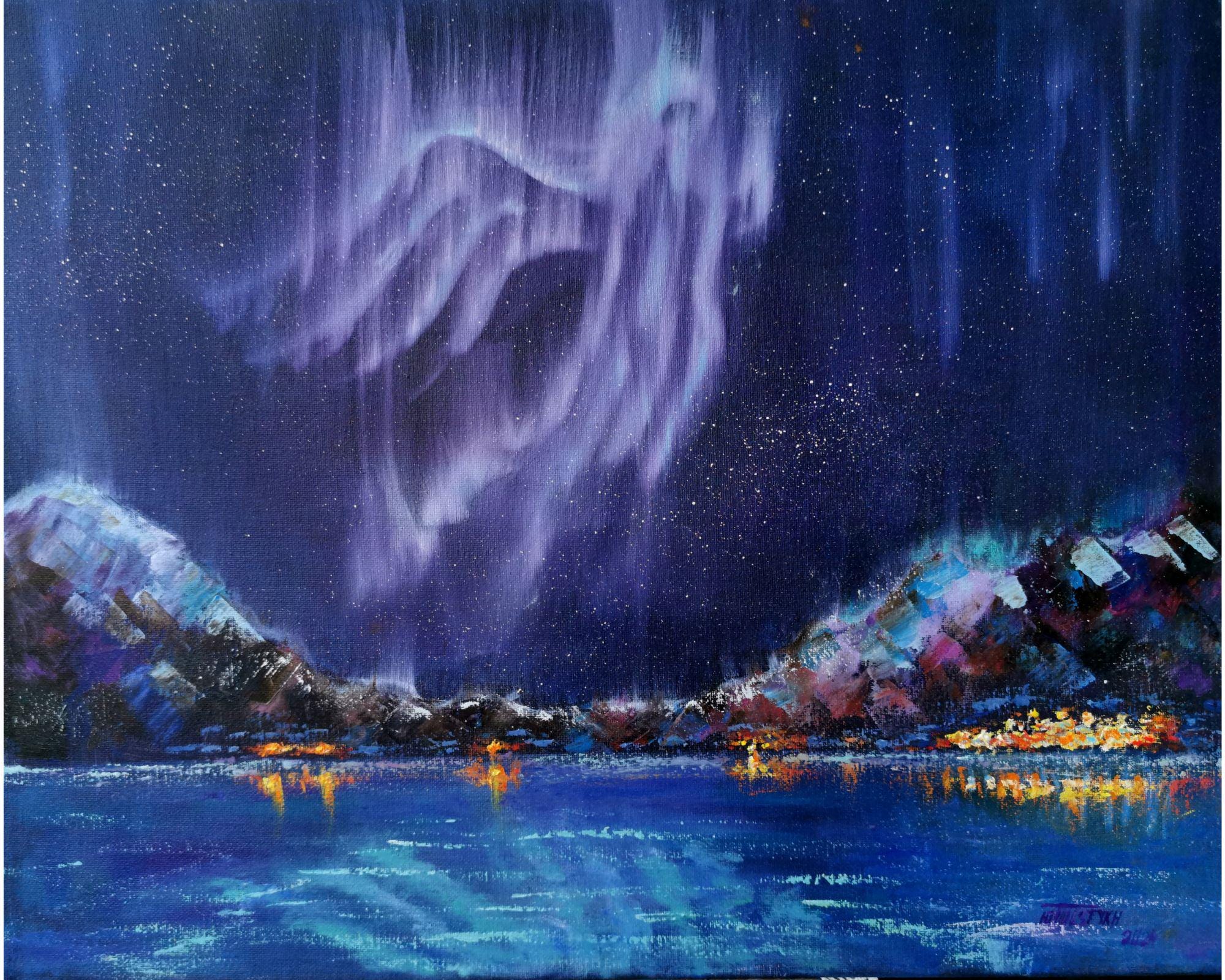 オーロラ油絵：ノルウェーの山の風景、オーロラアート（20x16インチ