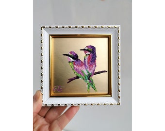 Peinture à l'huile de colibri avec feuille d'or originale art mural miniature avec empâtement animal encadré peinture à l'huile couple oiseau petite oeuvre 4-4"