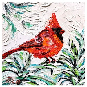 Rotkardinal Vogel Malerei Amerikanischer Vogel Original Kunst Tier Wand Kunst Moderne Impasto Ölmalerei Palettenmesser Kleines Kunstwerk 15-15 cm