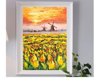 Windmill Oil Painting Tulips Fields Original Art Hetherland mill wall art yellow Flowers Impasto oil painting Texture Artwork 12-8 "