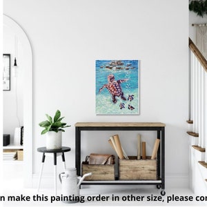 May include: A painting of a sea turtle swimming in the ocean with its babies. The turtle is brown and orange with a blue background. The painting is done in a textured style.