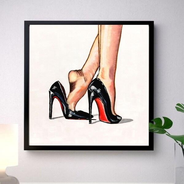 Shoes Oil Painting on Canvas Fashion Original Art Stiletto Heels Wall Art Red Bottoms Hand Artwork Women's Legs Modern Painting 16 by 16"