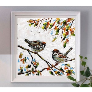 Peinture originale moineau oiseau art empâtement animal peinture à l&#39;huile couple oiseau petite oeuvre 10-10&quot; par Tolstykh&quot;