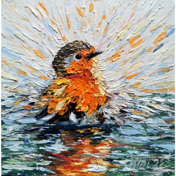 Rotkehlchen-Vogel-Gemälde Impasto Originalkunst Vogel badet Wandkunst Kleines Impasto-Ölgemälde Tierkunstwerk 6 x 6 Zoll von Tolstykh