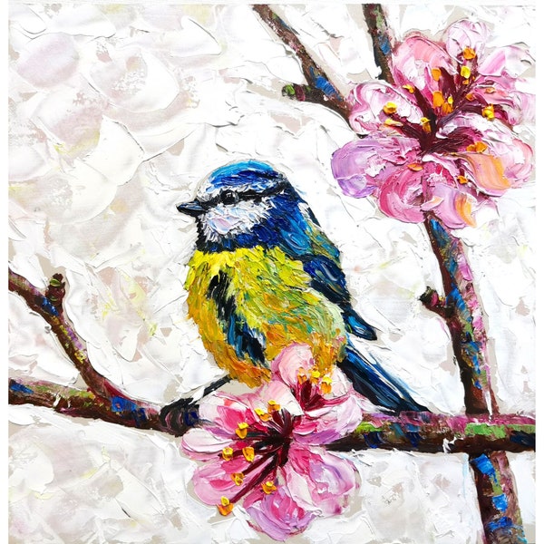 Chickadee Oil Painting Bird Original Art Animal Little Bird Wall Art Cherry Blossom Impasto oil Painting Pink Flowers Artwork 10-10"