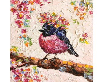Pink Robin Painting Bird Original Art American Robin Wall Art Small Impasto Oil Painting Abstract Animal Bird  6 by 6