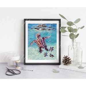 May include: A painting of a sea turtle swimming in the ocean with three smaller turtles following behind. The painting is done in a textured style with a blue and green background.