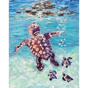 May include: A painting of a sea turtle and three baby sea turtles swimming in the ocean. The water is a light blue color and there are bubbles coming up from the bottom. The turtles are all brown and have a purple hue.