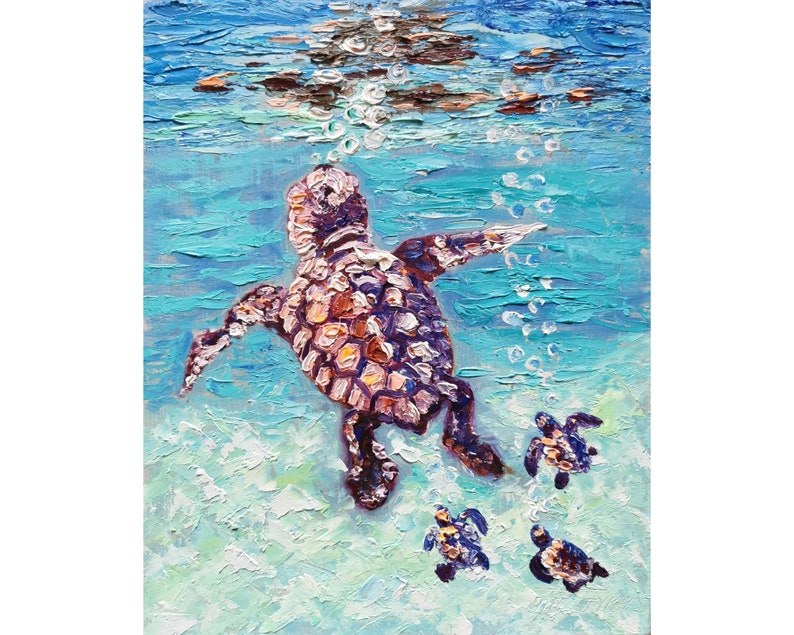 May include: A painting of a sea turtle and three baby sea turtles swimming in the ocean. The water is a light blue color and there are bubbles coming up from the bottom. The turtles are all brown and have a purple hue.