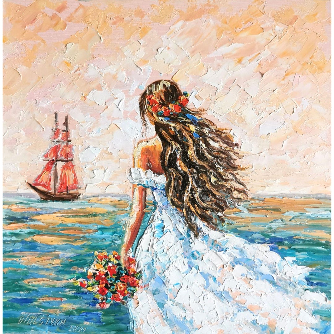 Girl Beach Oil Painting Sailboat Original Art Greek Coast Wall Art ...