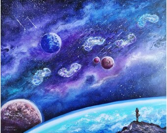 Original Oil Painting: Starry Space Nebula, Romantic Women Art
