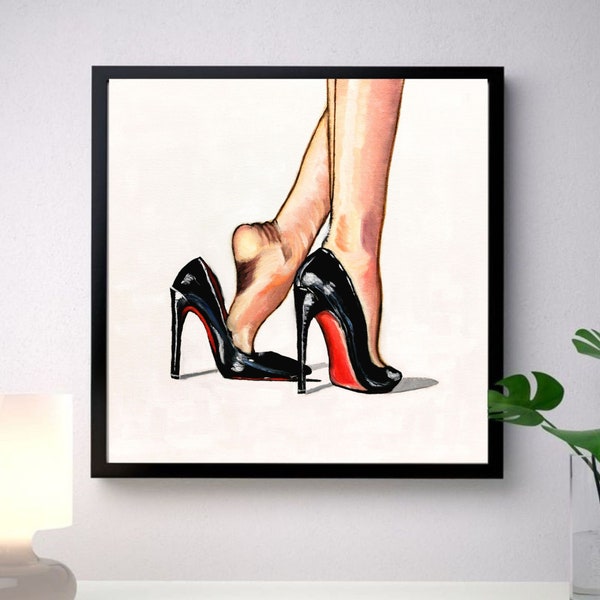 Chaussures peinture toile mode art original talons aiguilles art mural fonds rouges oeuvre main jambes femmes peinture à l'huile 16 x 16 pouces Tolstykh