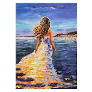 Women Oil Painting Tropical Nicht Beach Original Art Honolulu Wall Art Waikiki Beach Artwork Seascape Impasto oil painting 12x8 by Tolstykh