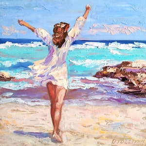 Girl Beach Painting Original Art Tropical Hawaii Beach Wall Art Women Sea Artwork Ocean impasto oil painting Seascape figural Art by Tolstyk