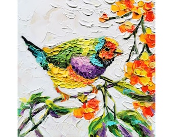 Gouldian Bird Painting Lady Goulds Amadine Original Art Colorful Finches bird Wall Art Floral branch Impasto Oil painting Small Artwork