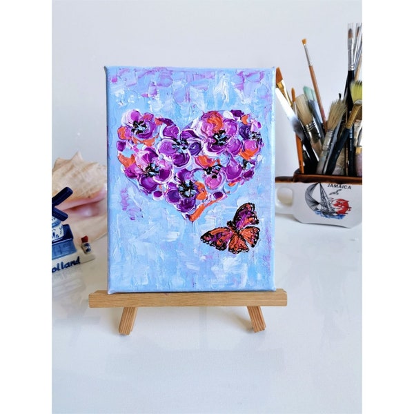 Coeur d'amour peinture sur toile art original nom personnalisé oeuvre oeuvre d'art coeur floral art mural papillon petits empâtements peinture à l'huile 8 "par 6"