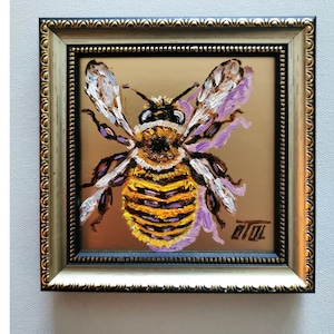 Bumblebee Painting With Framed Original Wall Art Owl Мiniature Gold background Animal Impasto oil Painting Bee Portrait Small Artwork 4-4&quot;