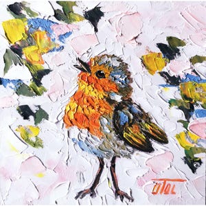 Chick Bird Painting Animal Original Art American Robin Artwork Flowers Impasto Oil Painting Small 6 By 6 inches by Tolstykh