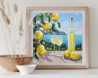 レモンリキュールの絵画：オリジナルインパスト油彩静物画、イタリア