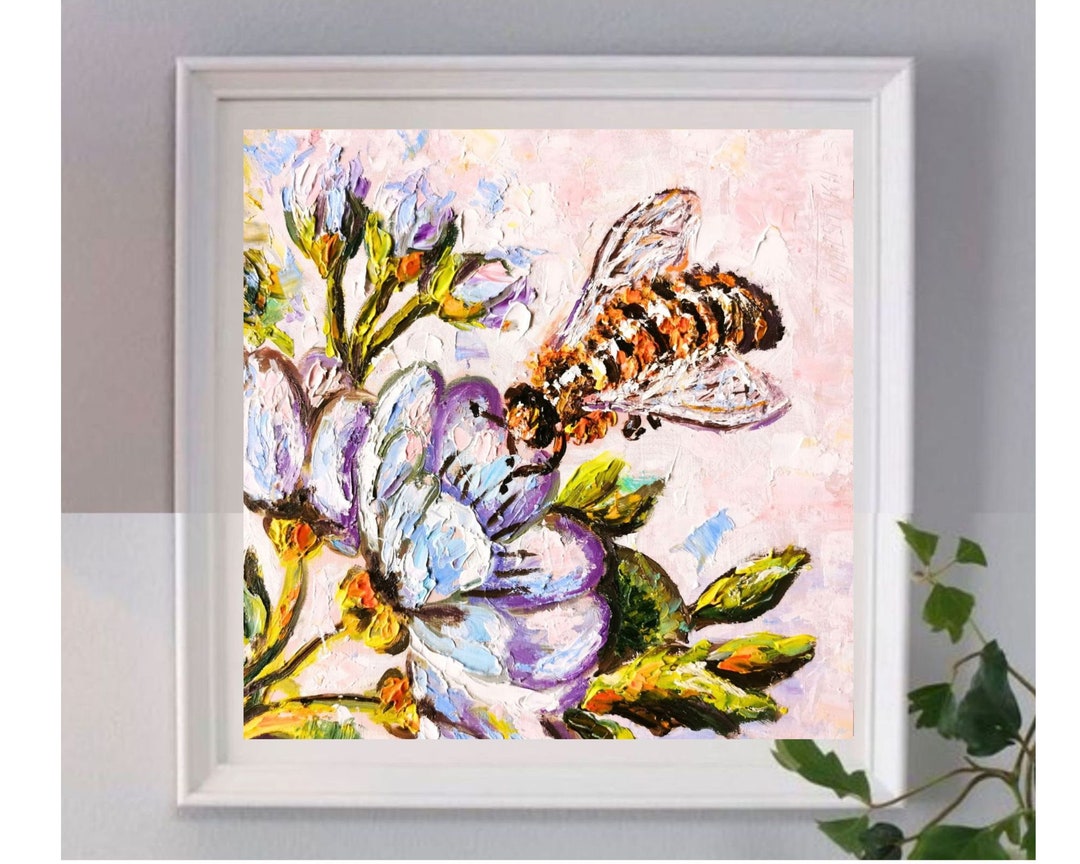 Bee Flower Oil Painting Original Art Abstract Honey Bee Impasto Artwork ...