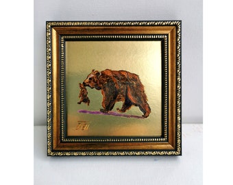 Peinture à l'huile d'ours avec l'oeuvre d'art originale encadrée avec la feuille d'or animale mpasto peinture à l'huile mère ours petit ours petite oeuvre d'art 4-4"