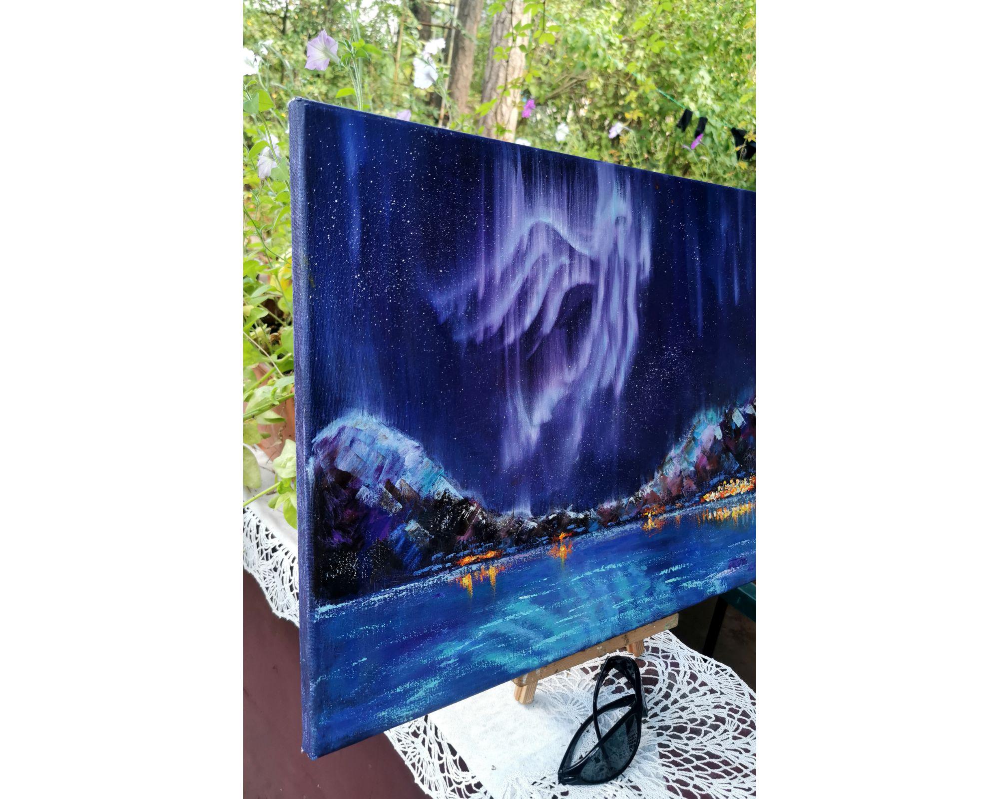 オーロラ油絵：ノルウェーの山の風景、オーロラアート（20x16インチ