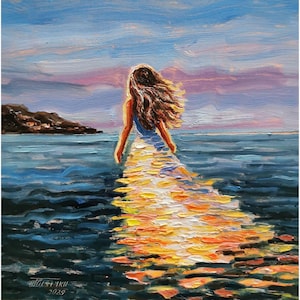 Girl Beach Painting Original Art Abstract Wall Art Women Sea Artwork Ocean impasto oil painting Seascape figural 10x10 inch