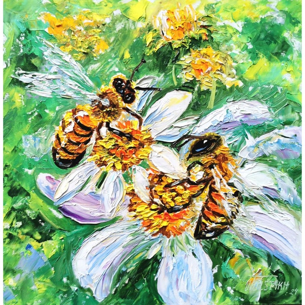 Bees Oil Painting Flowers Original Art Meadow Wall Art Daisies Artwork Honey Bee Impasto Oil Painting Insekt Textured Artwork 10-10 inches
