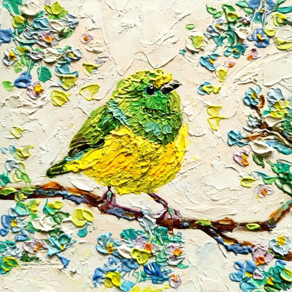 Yellow Bird Painting Small Original Art Animal Little Cute Wall Art Impasto oil Painting Blossom Branch Artwork Kitchen decor 6 by 6