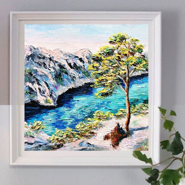 Soca River Painting Turquoise River Original Art Mountain Landscape 3D Wall Art Valley Impasto Oil Painting Pine Tree Artwork 10-10 "