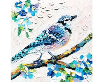 Peinture à l'huile de geai bleu oiseau bleu branche de fleurs d'art original art mural texturé petite oeuvre empâtement animal peinture à l'huile 6-6"