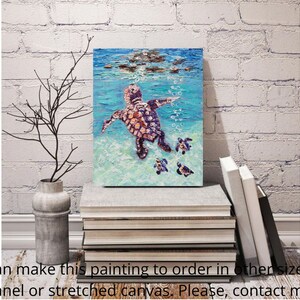 May include: A painting of a sea turtle swimming in the ocean with three smaller turtles swimming behind it. The painting is done in a textured style with shades of blue, green, and brown.
