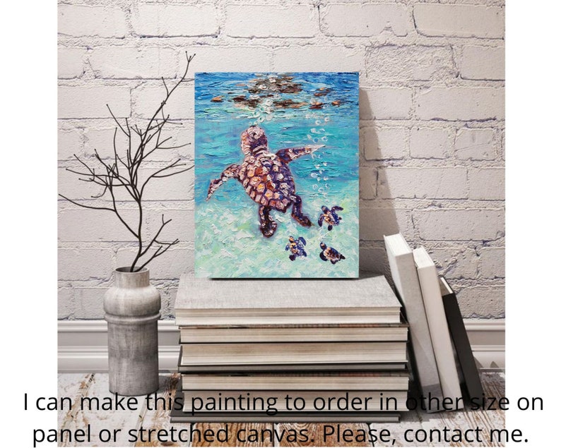 May include: A painting of a sea turtle swimming in the ocean with three smaller turtles swimming behind it. The painting is done in a textured style with shades of blue, green, and brown.