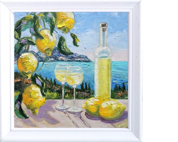 レモンリキュールの絵画：オリジナルインパスト油彩静物画、イタリア