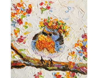 ロビン・チックス油絵：鳥の巣のインパストアート、6x6インチ - Etsy 日本